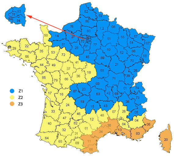 Carte de France zone de chauffage coefficient correcteur